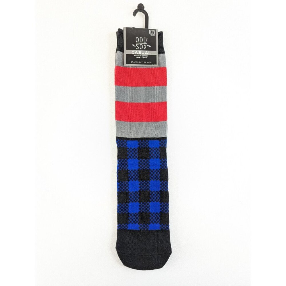 Odd Sox Men’s Large 8‑12  Dress Socks – Grey & Red Stripe, Casual Plaid Blue NEW